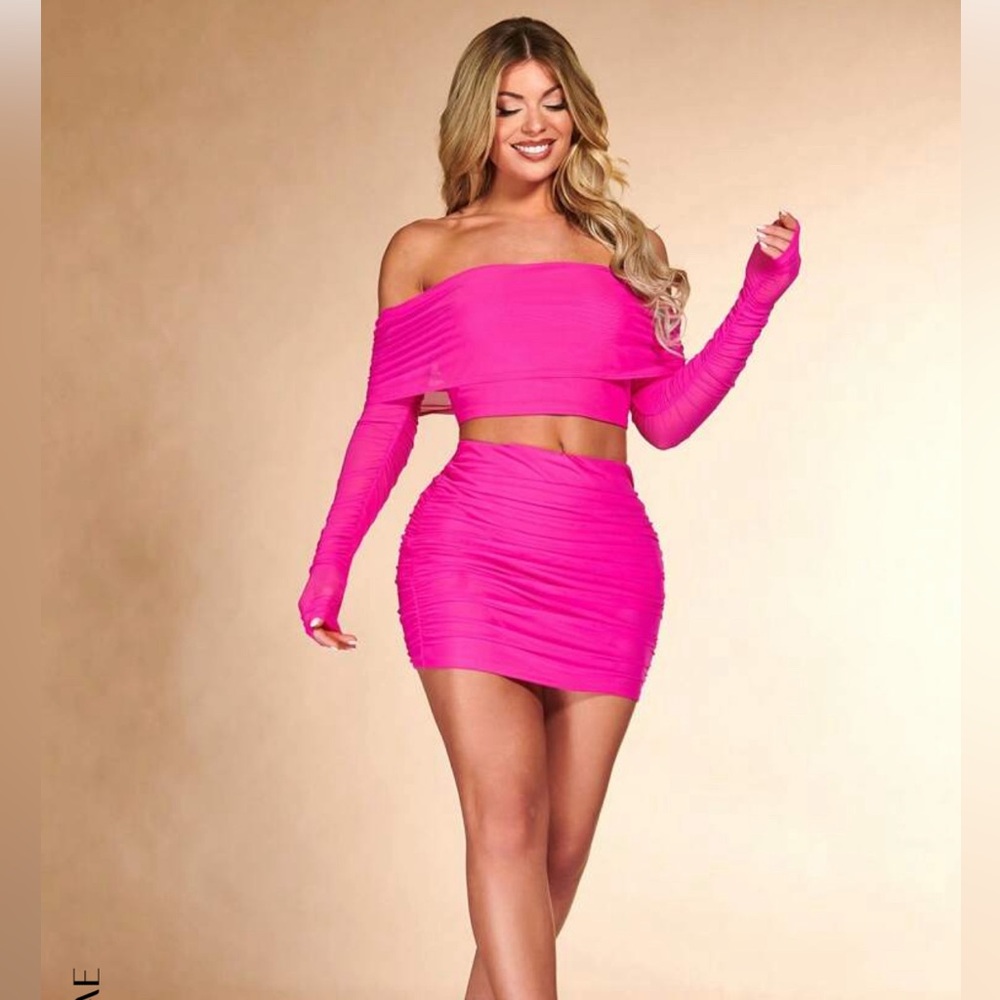 2 pc hot pink mini skirt outfit